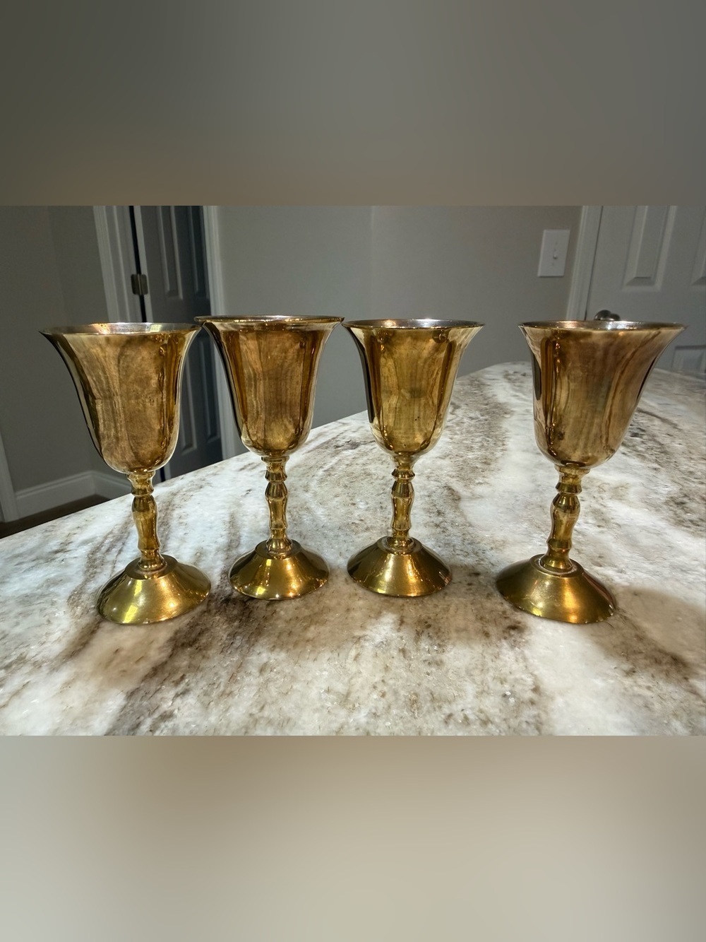 Vintage Brass Goblets Set of 4 Chalice Cups India Gold Tone Wine Decor 4” Tall